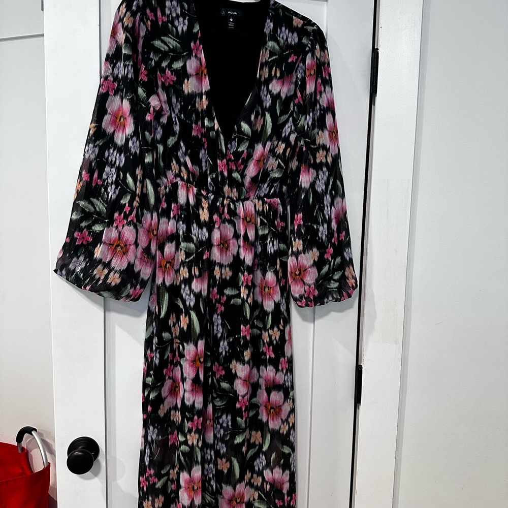 Aqua Pink and Black Wrap Sundress with Bell Sleeves
